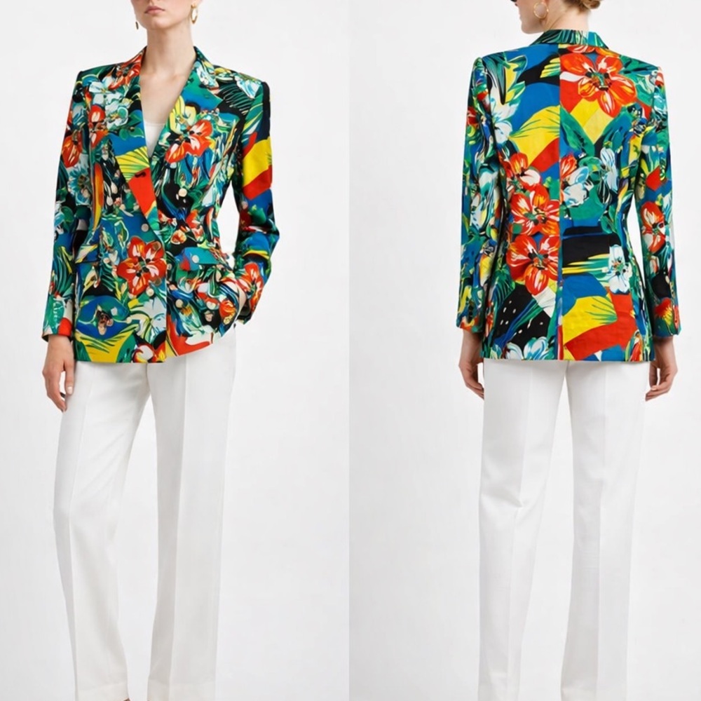 Escada Vintage Luxury Blazer Tropical Floral Parrot Cotton Germany 34 / 4 - Picture 1 of 9
